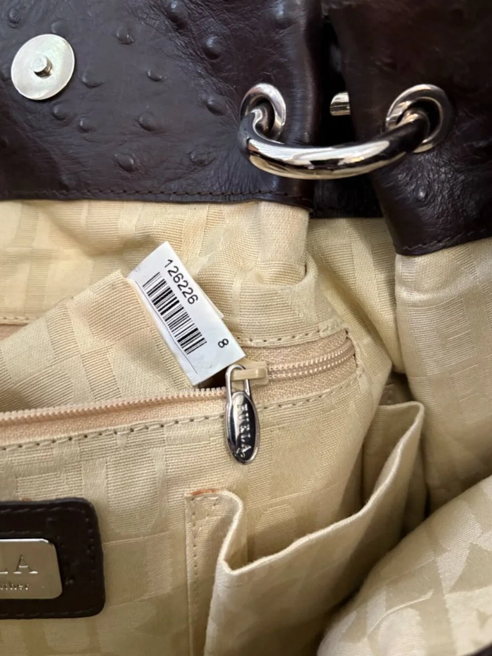 Auth FURLA Genuine Ostrich Embossed Leather Satchel Bag GORGEOUS!